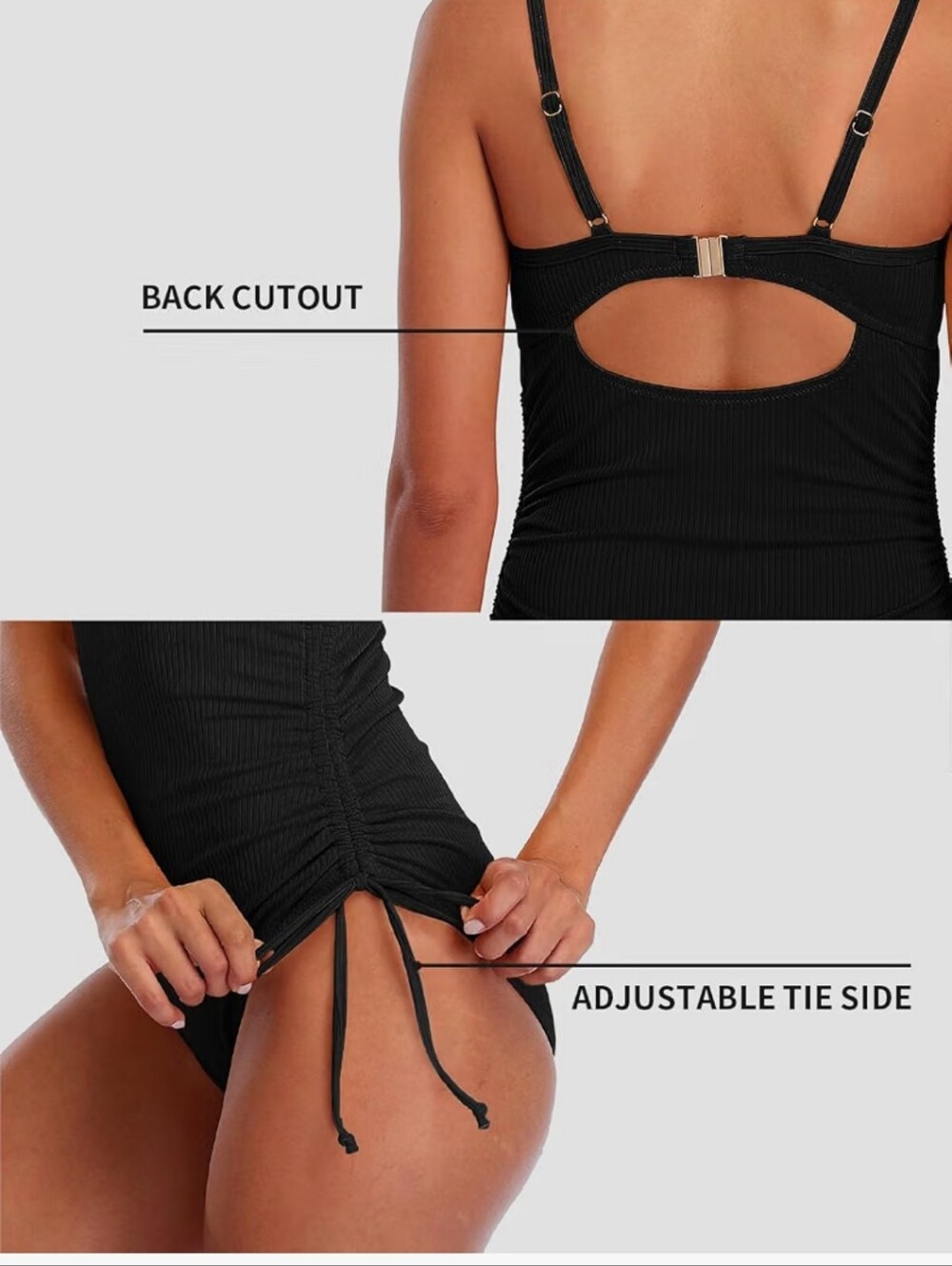 Women Black Ribbed Swimsuit - Picture 9 of 12